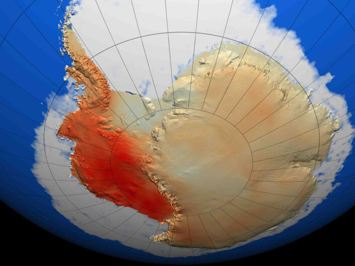 Illustrasjonen viser oppvarmingen forskerne mener har skjedd i Vest-Antarktis i løpet av de siste 50 åra. Jo mørkere farge, jo mer oppvarming. (Illustrasjon: NASA/ E. J. Steig) Illustrasjonen viser oppvarmingen forskerne mener har skjedd i Vest-Antarktis i løpet av de siste 50 åra. Jo mørkere farge, jo mer oppvarming. (Illustrasjon: NASA/ E. J. Steig)