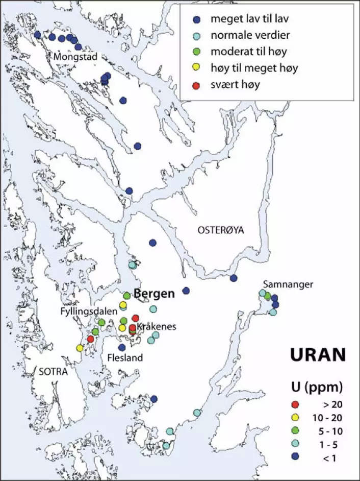 URAN: Her er kartet over punktmålingene. De viser store variasjoner i naturlig urankonsentrasjon i berggrunnen fra meget lav til svært høy. Illustrasjon: Christophe Pascal/NGU