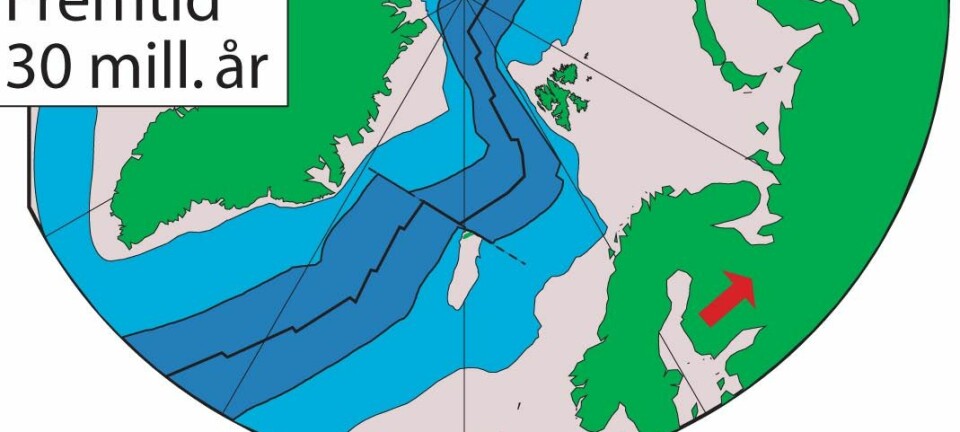 'Legg merke til 60. breddegrad på disse figurene. Norge flytter seg gradvis nordover samtidig som Atlanterhavet utvides. (Illustrasjon: Trond H. Torsvik/NGU)'