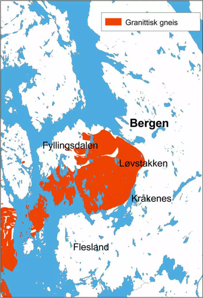 GRANITT: Her er kart over den såkalte Løvstakken-granitten, som inneholder til dels høye konsentrasjoiner av naturlig radioaktivitet. Illustrasjon: Ole Lutro/NGU (Referanse til originalkartet: Fossen, H. &amp; Ragnhildstveit, J. 2008: Berggrunnskart BERGEN 1115 I, M 1:50.000. Norges geologiske undersøkelse)
