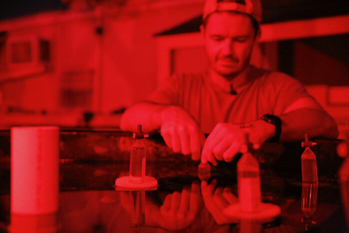 Sjefforsker Crawford Drury ved korall-laben arbeider med testrør som inneholder prøver fra koraller som nylig er satt ut i revene.