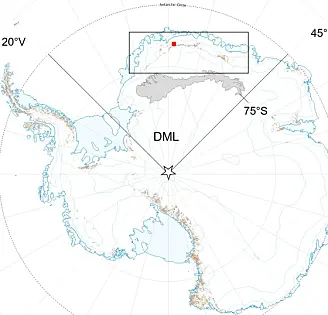 Kartbilde over Dronning Maud Land og Fjellkjeden (sort boks). Rød firkant markerer plasseringen til forskningsstasjonen Troll og stjerne viser Sørpolen. Kartbilde over Dronning Maud Land og Fjellkjeden (sort boks). Rød firkant markerer plasseringen til forskningsstasjonen Troll og stjerne viser Sørpolen.