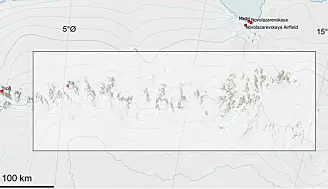 Kart over fjellkjeden øst for Troll som består av bergarter som har størknet fra store volumer smelte. Tor (rød firkant ved 5°Ø) er en liten utpost som benyttes til bl.a. observasjon av fuglelivet i området.