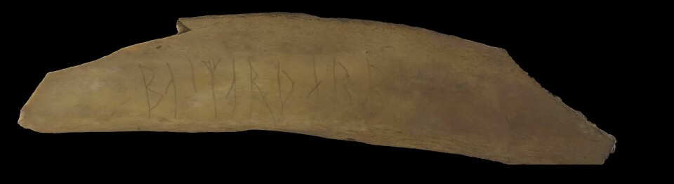 Dette store ribbeinet med runeinnristning kan ha tilhørt en ku eller en hest. Beinet er ikke undersøkt grundig nok til å si sikkert.