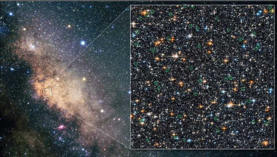 Her, i sentrum av Melkeveien, er det 42 potensielle vampyrstjerner - eller blå etternølere som de egentlig heter. (Foto: NASA)