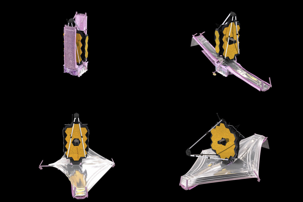 Illustrasjonene viser utfoldingen av solskjermen og andre komponenter på James Webb-teleskopet.
