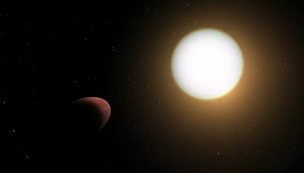 Eksoplaneten WASP-103b har ifølge europeiske forskere en spesiell avlang form og har en utvikling i måten den går i bane rundt stjernen sin som er ukarakteristisk for lignende planeter. Bildet er en illustrasjon av planeten og dens tilhørende stjerne.