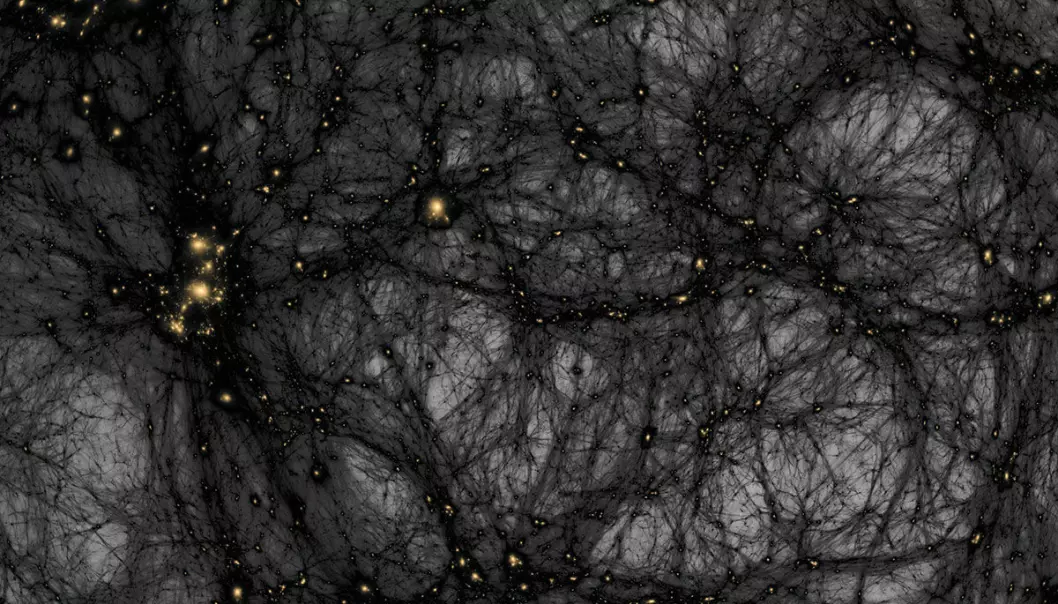 I 2017 lagde forskere denne illustrasjonen av hvordan strømmer og tråder av mørk materie flyter rundt og mellom galaksene i universet. Nå har Torsten Bringmann ved Universitetet i Oslo og kollegaene hans presentert en helt ny ide om hvordan all denne mørke materien ble til.