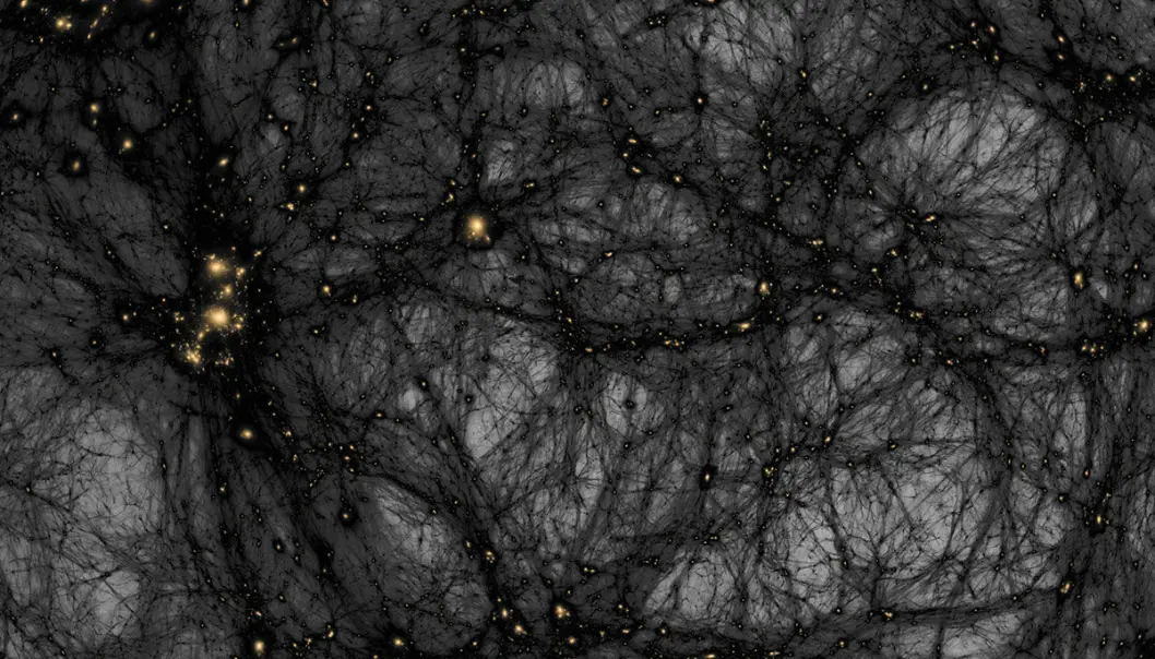 I 2017 lagde forskere denne illustrasjonen av hvordan strømmer og tråder av mørk materie flyter rundt og mellom galaksene i universet. Nå har Torsten Bringmann ved Universitetet i Oslo og kollegaene hans presentert en helt ny ide om hvordan all denne mørke materien ble til. I 2017 lagde forskere denne illustrasjonen av hvordan strømmer og tråder av mørk materie flyter rundt og mellom galaksene i universet. Nå har Torsten Bringmann ved Universitetet i Oslo og kollegaene hans presentert en helt ny ide om hvordan all denne mørke materien ble til.