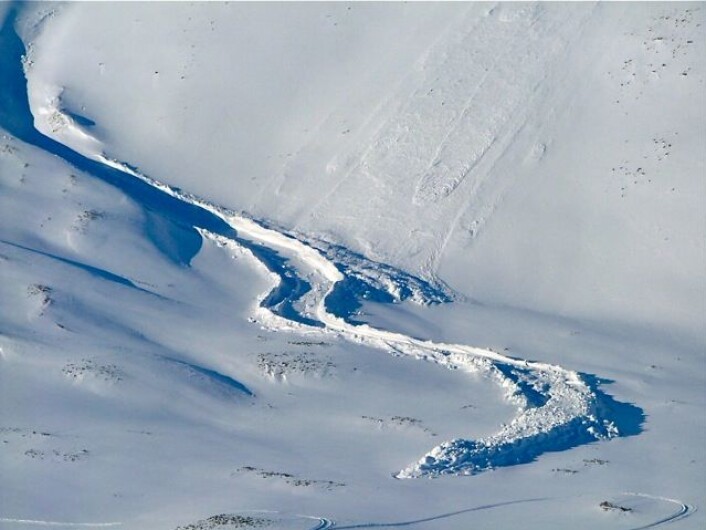 Et våtsnøskred bukter seg som en krokodille ned en fjellside i Todalen på Svalbard. Skredet nådde nesten en mye brukt snøscooterløype. (Foto: Hanne H. Christiansen) Et våtsnøskred bukter seg som en krokodille ned en fjellside i Todalen på Svalbard. Skredet nådde nesten en mye brukt snøscooterløype. (Foto: Hanne H. Christiansen)