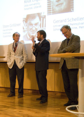 Peter Agre, Gerard Schellenberg og Sten Grillner (Foto: Hanne Jakobsen) Peter Agre, Gerard Schellenberg og Sten Grillner (Foto: Hanne Jakobsen)