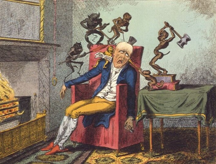 The Head Ache av George Cruikshank fra 1819. (Illustrasjon: George Cruikshank) The Head Ache av George Cruikshank fra 1819. (Illustrasjon: George Cruikshank)