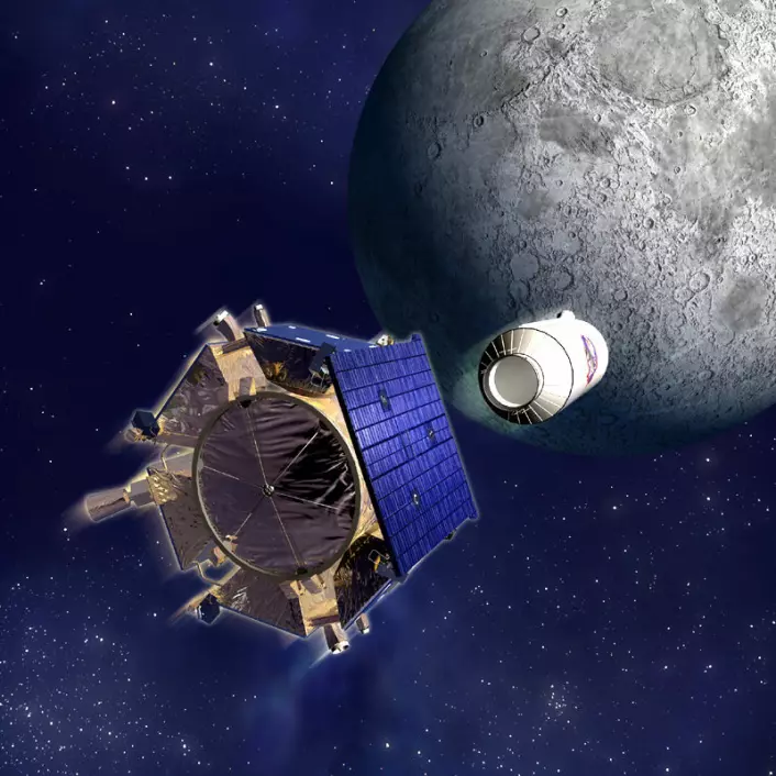 LCROSS-sonden og Centaur, øverste trinn på Atlas V-raketten, på vei mot krasj mot Cabeus-kratereret på månens sydpol 9. oktober 2009. (Illustrasjon: NASA)