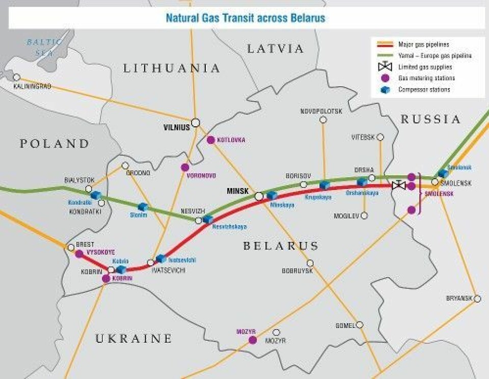 Transittruter for gasstransport gjennom Hviterussland