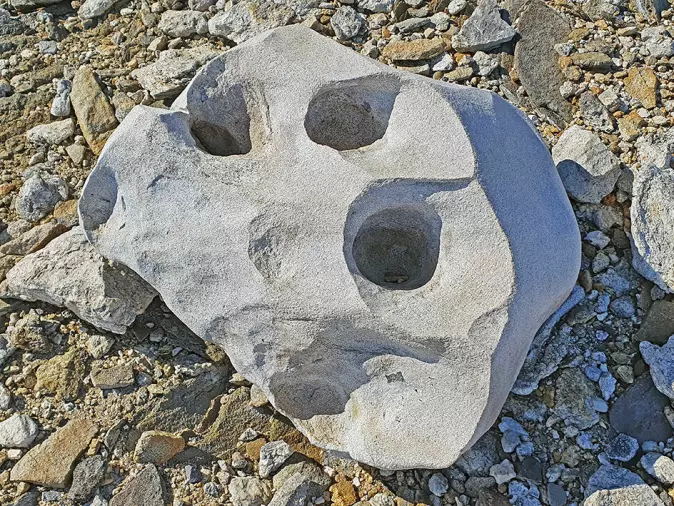 BÅDE VENTIFAKT OG TAFONI: En finkornet granitt er slipt og polert av sand og iskrystaller til en ventifakt med velutviklet tafoni hulrom.
