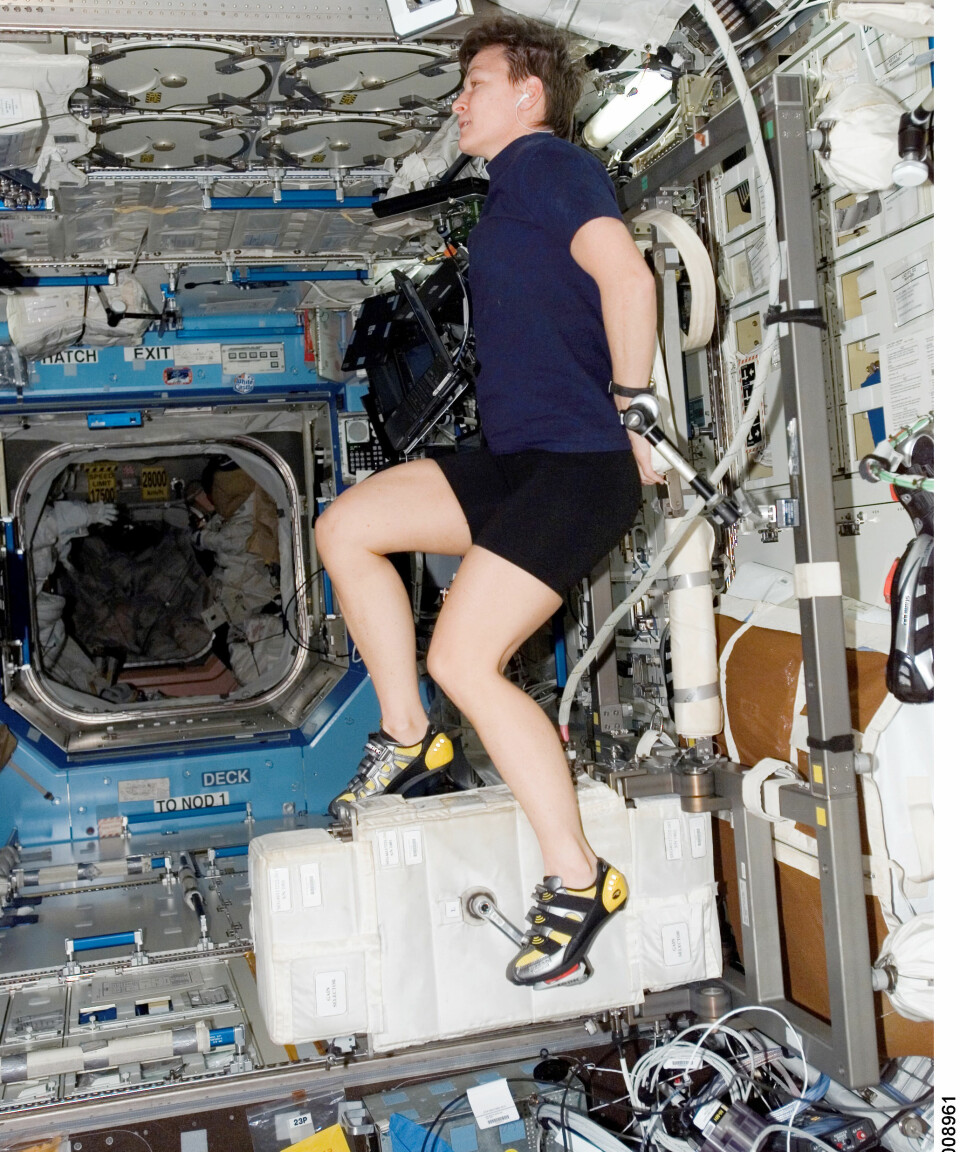 Her en ergometersykkel om bord på ISS, i den amerikanske laboratorieseksjonen Destiny. I dette tilfellet er det astronaut Peggy Whitson som tester den i forbindelse med besøk fra romfergen Endeavour i 2008. (Foto: NASA)