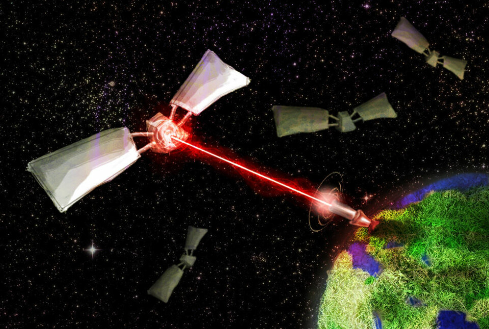 Laser stasjonert på jorda skyter romsøppel (Illustrasjon: Per Byhring/forskning.no)