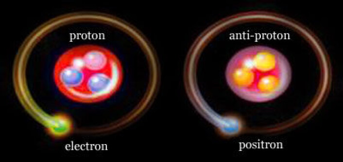 Et antihydrogenatom har samme masse som et vanlig hydrogenatom, men bestanddelene, antiprotoner og positroner, har motsatt ladning (Illustrasjon: Cern) Et antihydrogenatom har samme masse som et vanlig hydrogenatom, men bestanddelene, antiprotoner og positroner, har motsatt ladning (Illustrasjon: Cern)