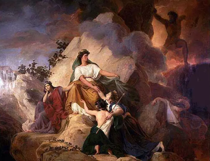 Kybele var en mektig beskytter av byer og individer. På dette bildet fra 1832 beskytter hun byene Stabiae, Herculaenum, Pompeii og Resina mot vulkanen Vesuv. (Maleri: François-Édouard Picot)