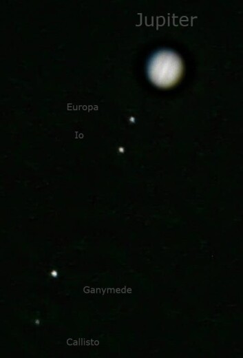 Jupiter og de galileiske månene Io, Europa, Ganymedes og Callisto slik de ser ut gjennom en mindre stjernekikkert (Foto: stewartde, Wikimedia Commons, se lisens) Jupiter og de galileiske månene Io, Europa, Ganymedes og Callisto slik de ser ut gjennom en mindre stjernekikkert (Foto: stewartde, Wikimedia Commons, se lisens)