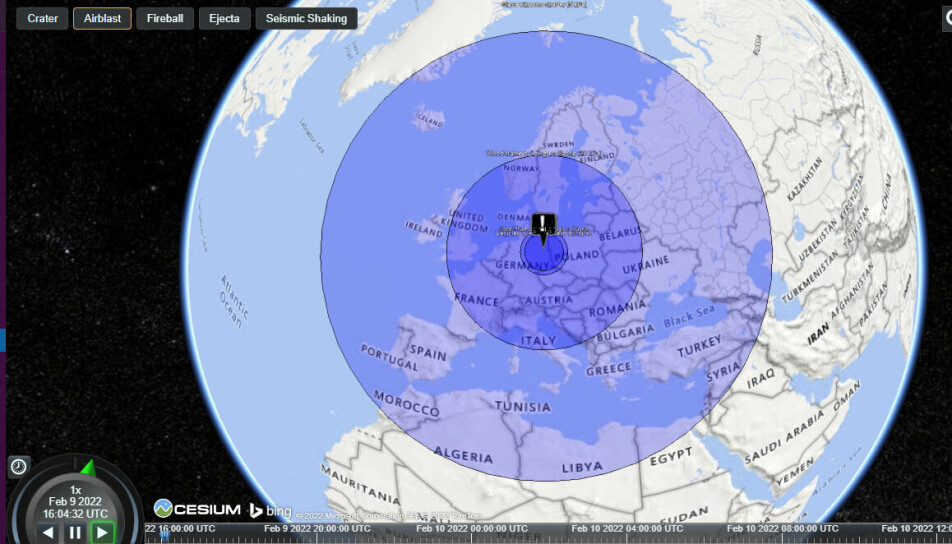 Visualisering av trykkbølgen hvis en asteroide på 5 kilometer slo ned i Berlin. Ytterste ring: Vinduer knuser. Midtre ring: Trebygninger kollapser. Indre ring: Stål-bygninger kollapser. Verdiene som er lagt inn: Gjennomsnittlig vinkel og fart på en asteroide: 45 grader og 17 kilometer per sekund. Tetthet: 2600 kilo per kubikkmeter.