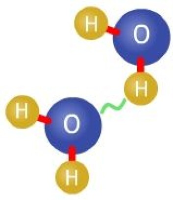 "To vannmolekyler. De kjemiske kreftene mellom oksygen- og hydrogenatomer med sterk rød farge, den svakere hydrogenbindingen som lysegrønn bølge. Ill: Forskning.no" "To vannmolekyler. De kjemiske kreftene mellom oksygen- og hydrogenatomer med sterk rød farge, den svakere hydrogenbindingen som lysegrønn bølge. Ill: Forskning.no"