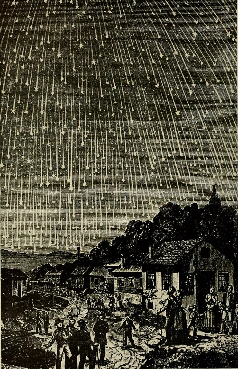 Gravering av meteorsvermen Leonidene i 1833. Den var <a href="https://en.wikipedia.org/wiki/Leonids" aria-label="">spesielt kraftig.</a>