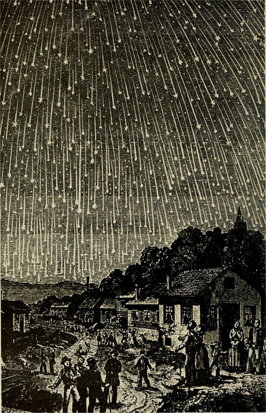 Gravering av meteorsvermen Leonidene i 1833. Den var spesielt kraftig.