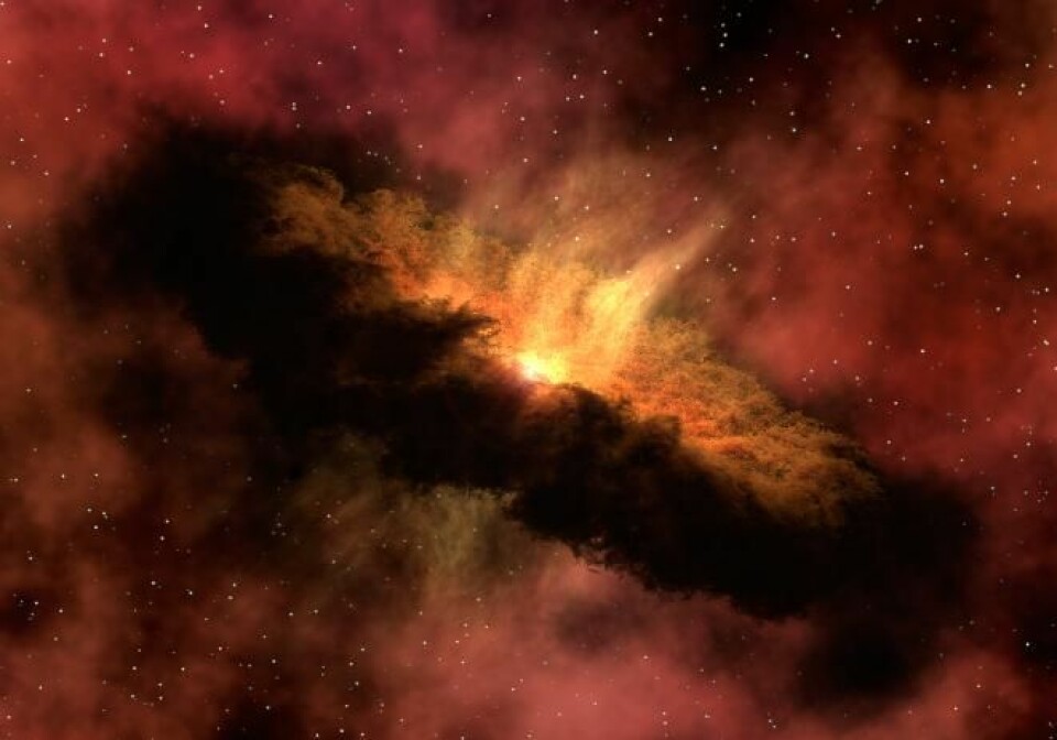 En kunstners fremstilling av skiven rundt en nylig dannet stjerne. Skiven vil etter hvert forsvinne, men deler av den vil trekke seg sammen og danne planeter, asteroider og kometer. (Illustrasjon: NASA/JPL-Caltech/R. Hurt)