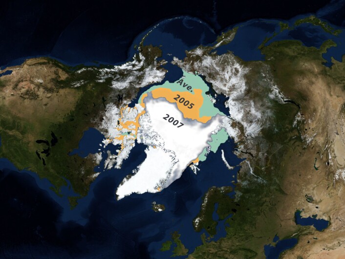 "Illustrasjonen viser hvor lite is det var i Arktis i september 2007 sammenlignet med samme måned i 2005 og gjennomsnittet alle år fra 1979 til i dag. (Illustrasjon: NASA)" "Illustrasjonen viser hvor lite is det var i Arktis i september 2007 sammenlignet med samme måned i 2005 og gjennomsnittet alle år fra 1979 til i dag. (Illustrasjon: NASA)"