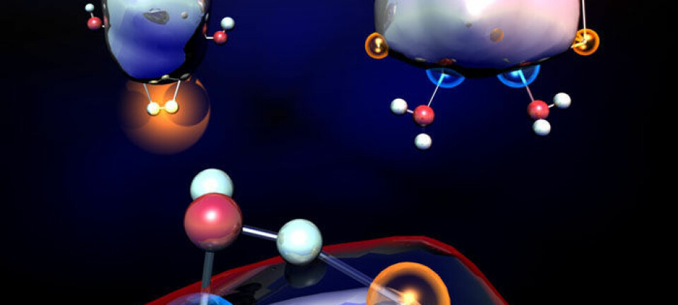 Figuren viser aluminiumklynge som reagerer med vann og produserer hydrogen. Nederst på bildet ser du et vannmolekyl (den røde ballen er oksygen og sølvballene er hydrogen) som blir splittet opp på overflata til ei aluminiumsklynge. Øverst til høyre ser du flere vannmolekyler som har bundet seg til de aktive feltene på aluminiumsklynga. Oppe til venstre viser illustrasjonen hvordan hydrogen blir frigitt (to sølvballer omgitt av en oransje glød). (Illustrasjon: A.C. Reber, VCU/Penn State)