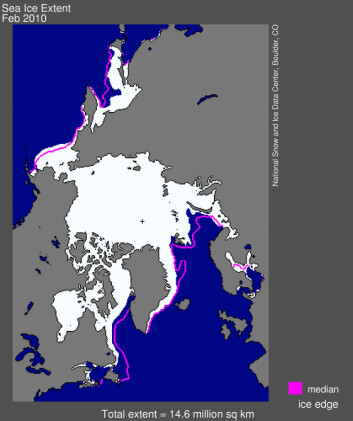 "Her er en illustrasjon av issituasjonen i Arktis i februar i år. Den rosa linjen viser gjennomsnittsutbredelsen. (Illustrasjon: NSIDC)" "Her er en illustrasjon av issituasjonen i Arktis i februar i år. Den rosa linjen viser gjennomsnittsutbredelsen. (Illustrasjon: NSIDC)"