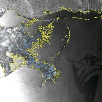 Envisats radarbilde av oljekatastrofen, tatt 2. mai kl. 05:45 (Foto: ESA) Envisats radarbilde av oljekatastrofen, tatt 2. mai kl. 05:45 (Foto: ESA)