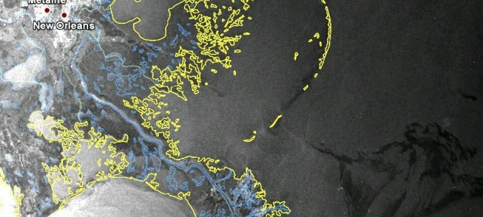 Envisats radarbilde av oljekatastrofen, tatt 2. mai kl. 05:45 (Foto: ESA)