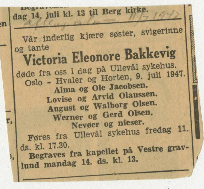 Victoria Eleonore Bakkevig arbeidet i årevis som renholder ved NSIU, forløperen til Norsk Polarinstitutt. Dødsannonsen og et hefte med salmer, var det eneste som var å finne i konvolutten hennes i arkivet. Victoria Eleonore Bakkevig arbeidet i årevis som renholder ved NSIU, forløperen til Norsk Polarinstitutt. Dødsannonsen og et hefte med salmer, var det eneste som var å finne i konvolutten hennes i arkivet.