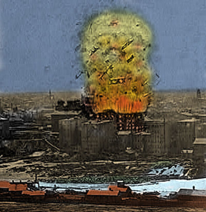 Også melstøv kan være eksplosivt: Denne illustrasjonen fra 1878 viser illustratørens inntrykk av den store møllekatastrofen ved Washburn Mill i Minneapolis, Minnesota. 14 arbeidere døde, samt fire i tilliggende lokaler. (Illustrasjon: US Library of Congress. Håndkolorert av forskning.no) Også melstøv kan være eksplosivt: Denne illustrasjonen fra 1878 viser illustratørens inntrykk av den store møllekatastrofen ved Washburn Mill i Minneapolis, Minnesota. 14 arbeidere døde, samt fire i tilliggende lokaler. (Illustrasjon: US Library of Congress. Håndkolorert av forskning.no)