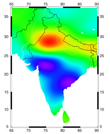 Bildet viser beregnet endring i grunnvann i India 2002-2008. Rødt viser nedgang mens blått viser økning. Økning i grunnvann i det sørlige India er knyttet til nedbørsmengder over det normale, mens nedbøren i nordvest var som normalt i perioden. (Illustrasjon: I. Velicogna/U.C. Irvine) Bildet viser beregnet endring i grunnvann i India 2002-2008. Rødt viser nedgang mens blått viser økning. Økning i grunnvann i det sørlige India er knyttet til nedbørsmengder over det normale, mens nedbøren i nordvest var som normalt i perioden. (Illustrasjon: I. Velicogna/U.C. Irvine)
