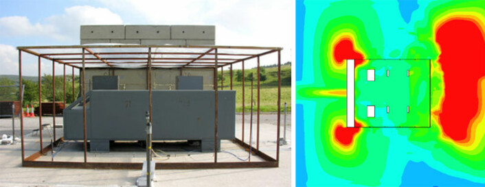 Til venstre: Fullskala modell av fyllingsstasjon med kjøretøy for eksplosjonstesting. Til høyre: Tilsvarende FLACS-simulering. (Foto: Health and Safety Laboratory (Storbritannia) Figur: Prankul Middha)