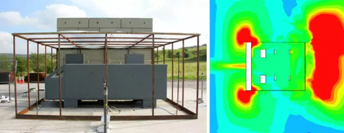 Til venstre: Fullskala modell av fyllingsstasjon med kjøretøy for eksplosjonstesting. Til høyre: Tilsvarende FLACS-simulering. (Foto: Health and Safety Laboratory (Storbritannia) Figur: Prankul Middha)