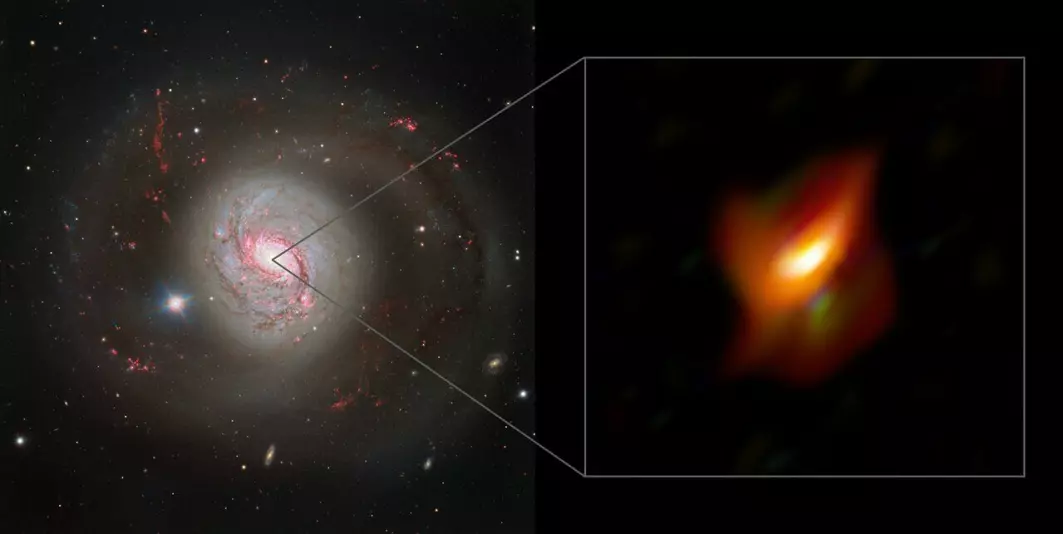 Til venstre ser du Messier 77-galaksen, som ligger 47 millioner lysår unna jorda. Til høyre ser du den aktive galaksekjernen, som altså skjuler et kjempedigert sort hull.