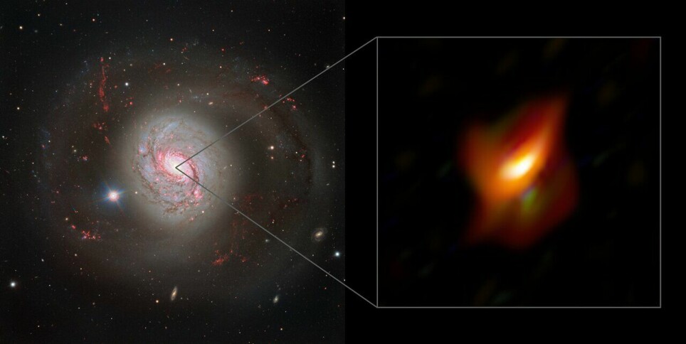 Til venstre ser du Messier 77-galaksen, som ligger 47 millioner lysår unna jorda. Til høyre ser du den aktive galaksekjernen, som altså skjuler et kjempedigert sort hull.