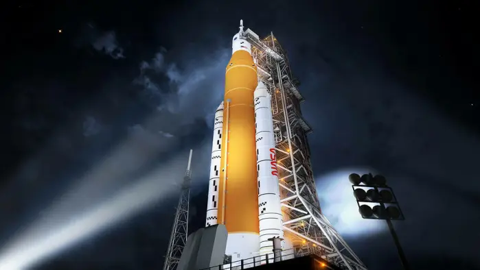 En illustrasjon av raketten Space Launch System (SLS). En illustrasjon av raketten Space Launch System (SLS).