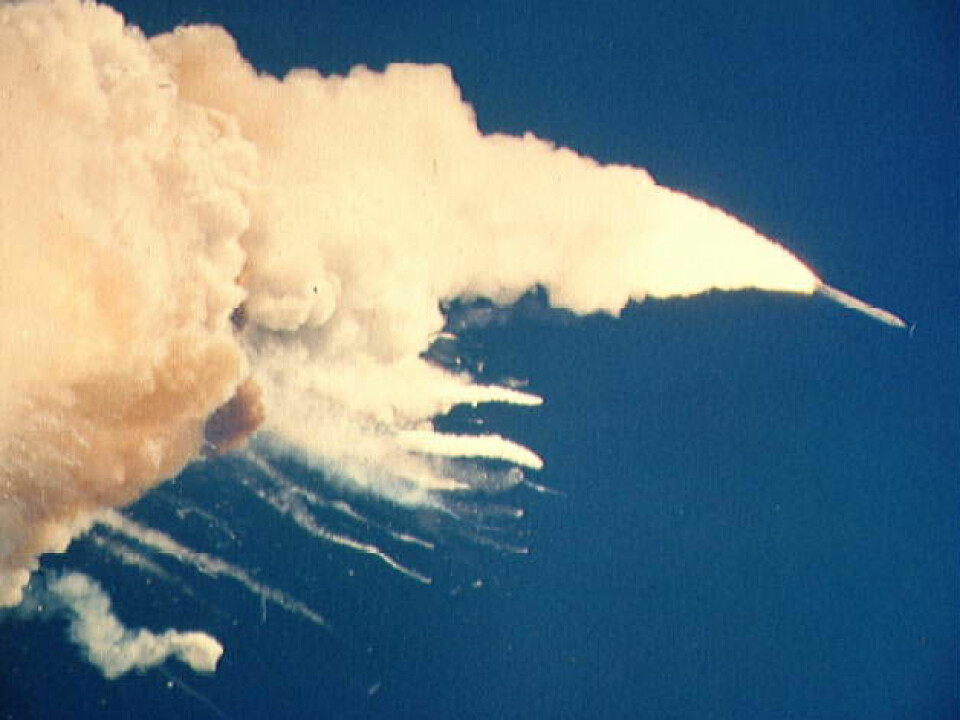 'Challenger eksploderer under oppskytningen i januar 1986. (Foto: NASA)'