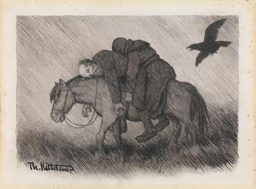 Theodor Kittelsen (1857-1914) har lagd flere av bildene vi forbinder med svartedauden. Her tegningen «Hun farer landet rundt»