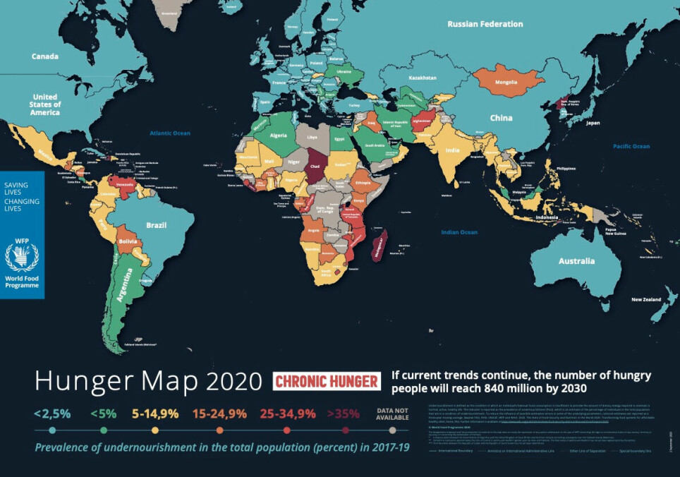 Verdenskart over sult og mattilgang fra Verdens matprogram i 2020. Senere kart finnes i interaktiv utgave: https://hungermap.wfp.org/