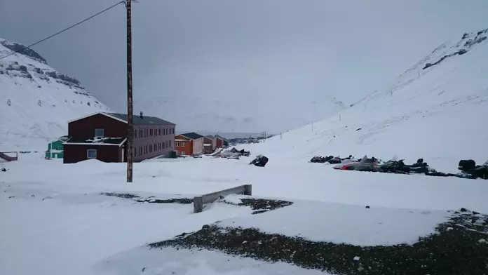 The former miners’ barracks, nowadays cultural heritage, in small settlement Nybyen in proximity of Longyearbyen.