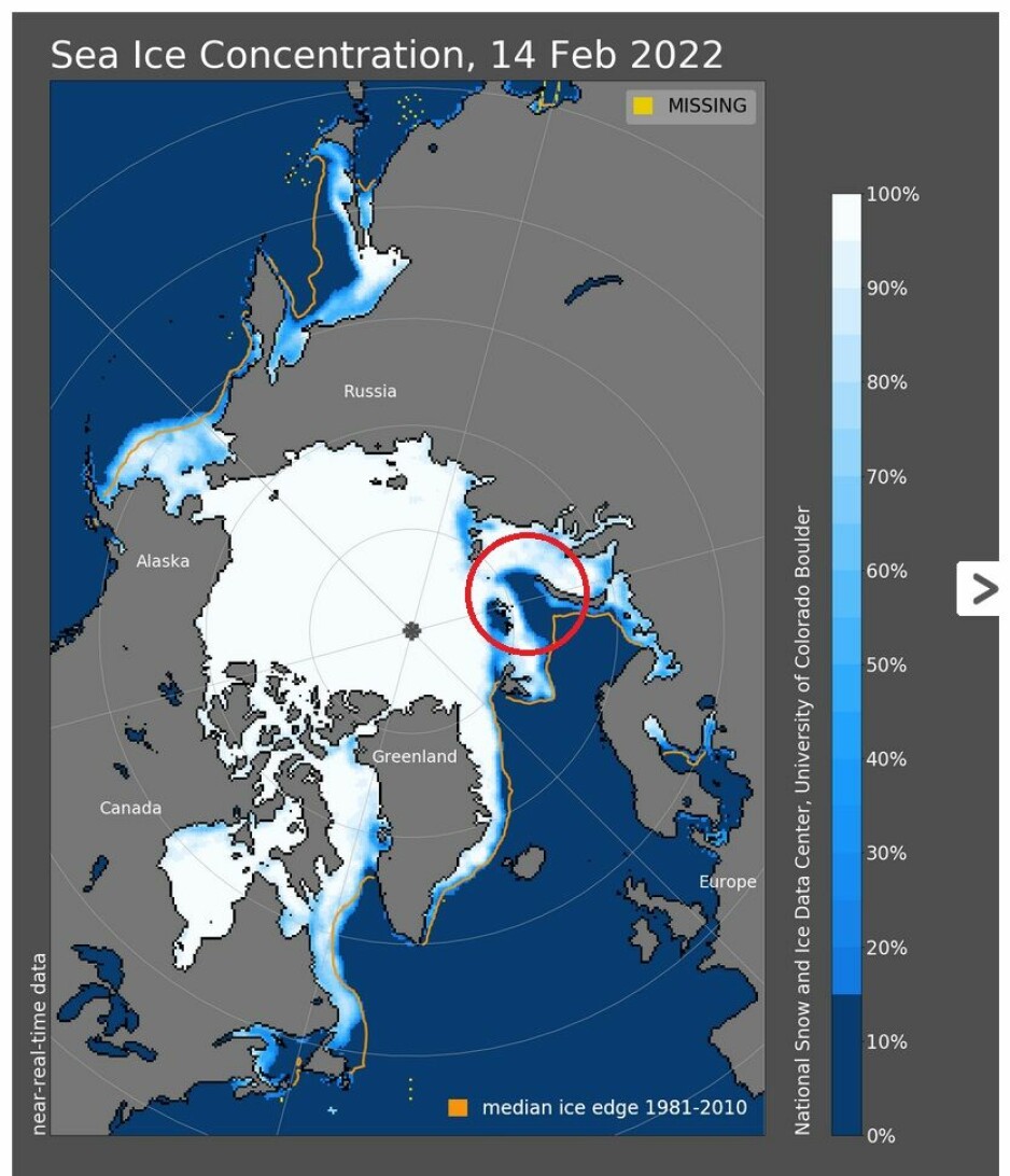 Iskonsentrasjonen i Barentshavet basert på satellittobservasjoner fra 14. februar 2022. Den oransje linjen viser hvor grensen for isdekke vanligvis går på denne datoen. Den røde sirkelen viser det aktuelle området nordøst i Barentshavet som blir påvirket av vindene i vest.