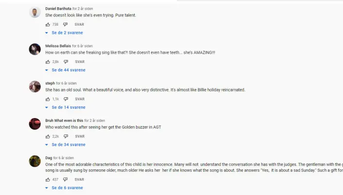 Med funksjoner som likes, delinger og kommentarfelt, forsterker YouTube det som TV- og talentshow bygger opp av begeistring rundt et talent. Her er noen kommentarer fra Angelina Jordans kommentarfelt. Med funksjoner som likes, delinger og kommentarfelt, forsterker YouTube det som TV- og talentshow bygger opp av begeistring rundt et talent. Her er noen kommentarer fra Angelina Jordans kommentarfelt.