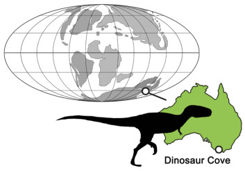 Den første slektningen til T. rex på den sørlige halvkule ble funnet i Dinosaur Cove i Australia. Dette oversiktskartet viser plasseringen til Dinosaur Cove for rundt 110 millioner år siden. (Foto: © Dr. Roger Benson, Cambridge) Den første slektningen til T. rex på den sørlige halvkule ble funnet i Dinosaur Cove i Australia. Dette oversiktskartet viser plasseringen til Dinosaur Cove for rundt 110 millioner år siden. (Foto: © Dr. Roger Benson, Cambridge)