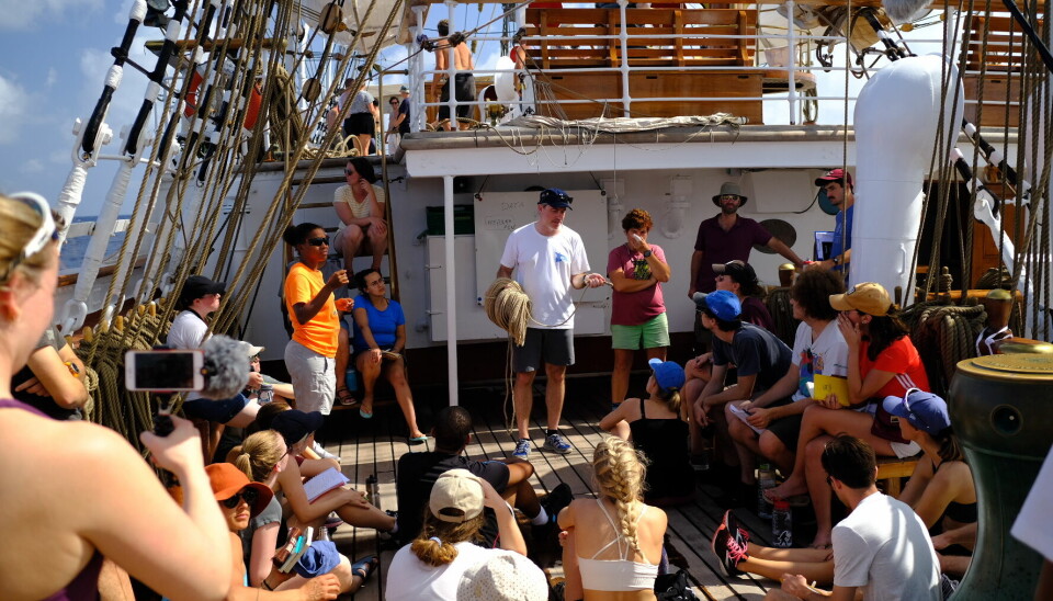 Professor Kerim Nisancioglu explaining old oceanographic methods to the students and crew onboard.